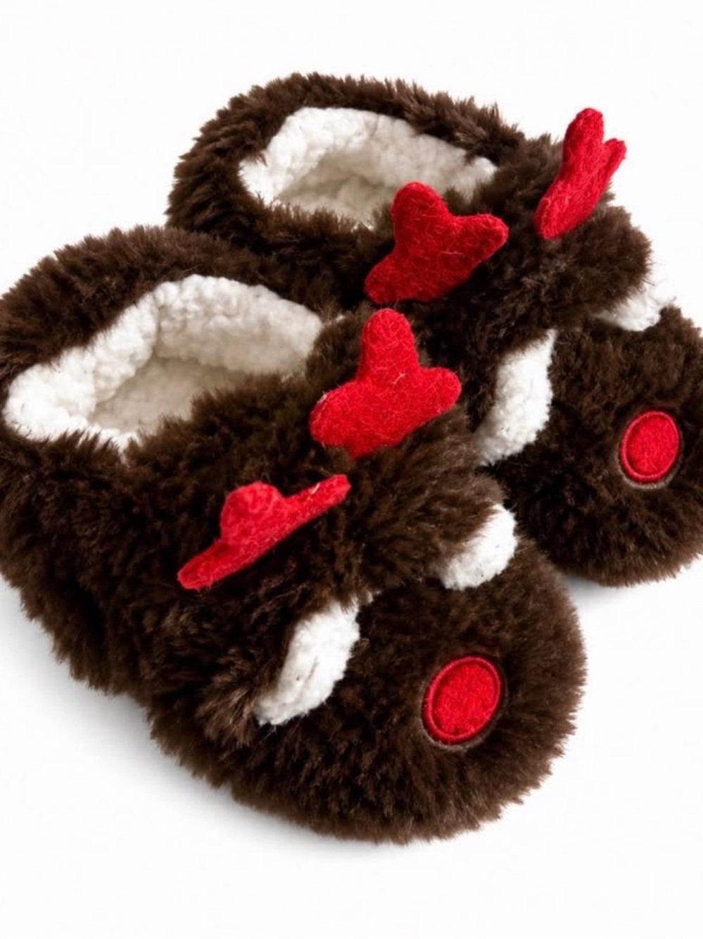 Plush Brown Kids Slippers with Red Accents